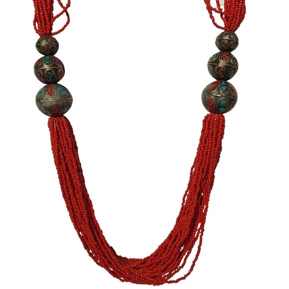 Tribal Boho Necklace Red Seed Bead Vintage Brass - Picture 1 of 5